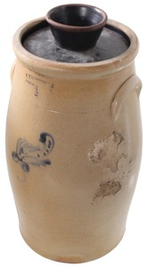 F. Woodworth, Burlington, Vermont: Blue Slip Decorated 4 Gallon Butter Chur