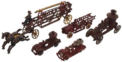 Assorted Makers: Five Cast Iron Toy Fire Trucks & Wagons