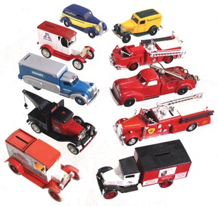 Assorted Makers: Lot Of Toy Delivery Trucks & Fire Trucks