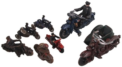 Assorted Makers: Six Cast Iron Motorcycle Toys