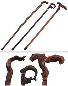 Assorted Makers: Three Carved Wooden Walking Sticks