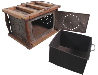 Unmarked: Early Pierced Tin & Wood Foot Warmer