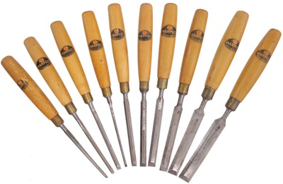 William Marples & Sons, Sheffield, England: Stepped Set Of 10 Bevel Edge Chisels