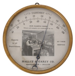 Hallet & Carey, Minneapolis & Duluth, Minnesota: Early 20th C. Advert Thermometer