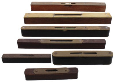 Assorted Makers: Lot Of Seven Small Exotic Wood Levels