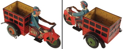 Louis Marx & Company, New York, New York: "Speed Boy 4" Motor Cycle Delivery Toy