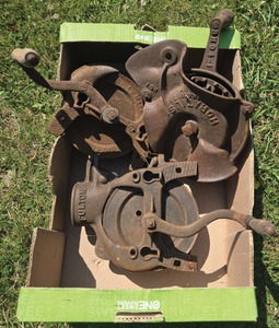 Assorted Makers: Three Cast Iron Benc Mount Corn Shellers