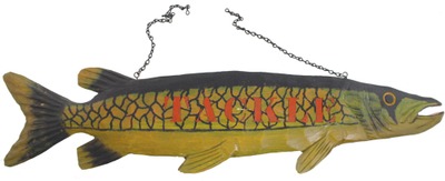 Unmarked: Folk Art Fishing Tackle Carved Sign
