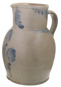 Unmarked: 1 1/2 Gallon Blue Slip Decor Pitcher