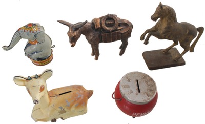 Assorted Makers: Five Tin And Cast Iron Still Banks