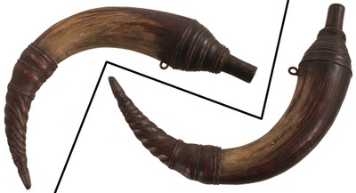 Unmarked: Early Carved Wood & Horn Powder Horn