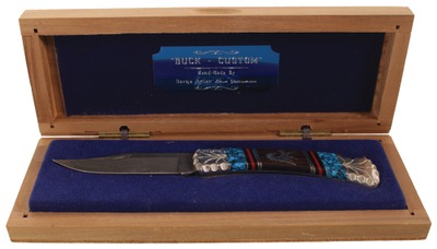 David Yellowhorse, Lupton, Arizona: Custom Made Damascus Blade Fldg. Knife