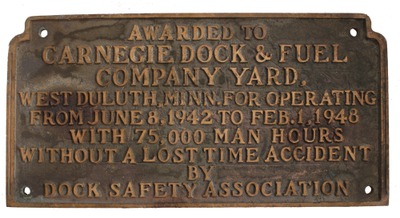Dock Safety Association, Duluth, Minnesota: Cast Bronze Award Sign