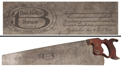 Bacheller Saw & Tool Company, Port Jervis, New York, No. 410: Extra Clean 9 Pt. 22" Crosscut Saw