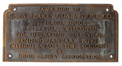 Dock Safety Association, Duluth, Minnesota: Cast Bronze Award Sign