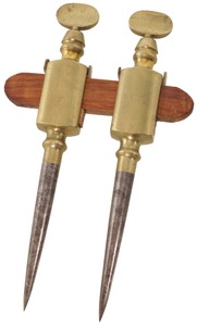 Unmarked: Pair Of Fancy 19th C. Brass Trammels