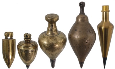 Unmarked: Five Clean Brass Plumb Bobs
