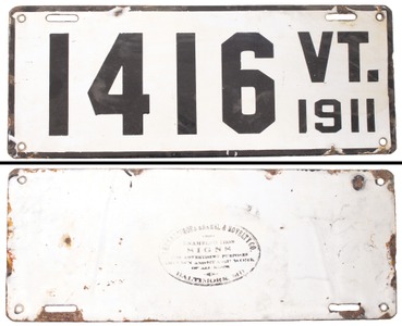 State of Vermont: Orig. Porcelain Fini 1911 License Plate
