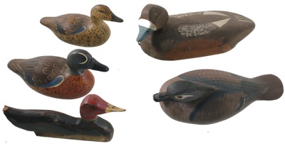 Assorted Makers: Five Wooden Duck Decoys