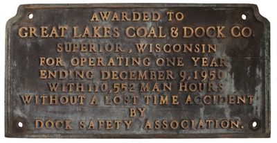 Dock Safety Association, Duluth, Minnesota: Cast Bronze Award Sign
