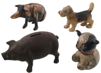 Assorted Makers: Four Animal Form Still Banks & Statue