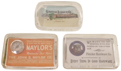 Assorted Makers: Three Glass Advert. Paperweights