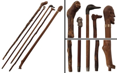 Assorted Makers: Five Figural Head Gman's Walking Stick