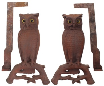 Rostand Mfg. Co., Milford, Conn.: Pair Of Cast Iron Owl Form Andirons