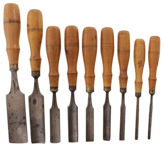 Assorted Makers: Wkg. Set Of Nine B'wood Hdl. Gouge