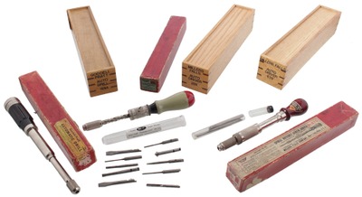 Assorted Makers: Three Original Box Screwdrivers & Push Drills